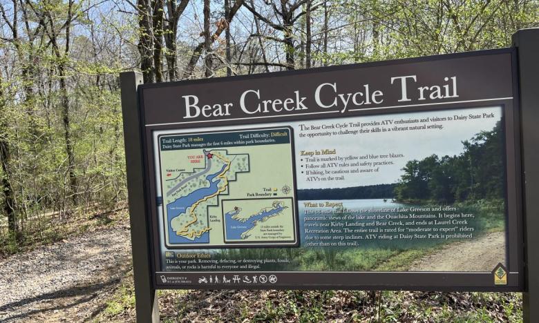 Trailhead sign for the Bear Creek Cycle Trail. 